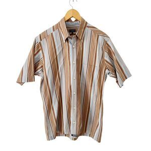 Ted Baker Brown Blue Stripe Short‎ Sleeve 100% Cotton Dress Shirt